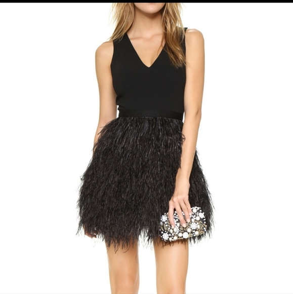 Alice + Olivia Dresses & Skirts - $998 Alice + Olivia sz 4 Kiara black ostrich feather fur lined lace dress skirt